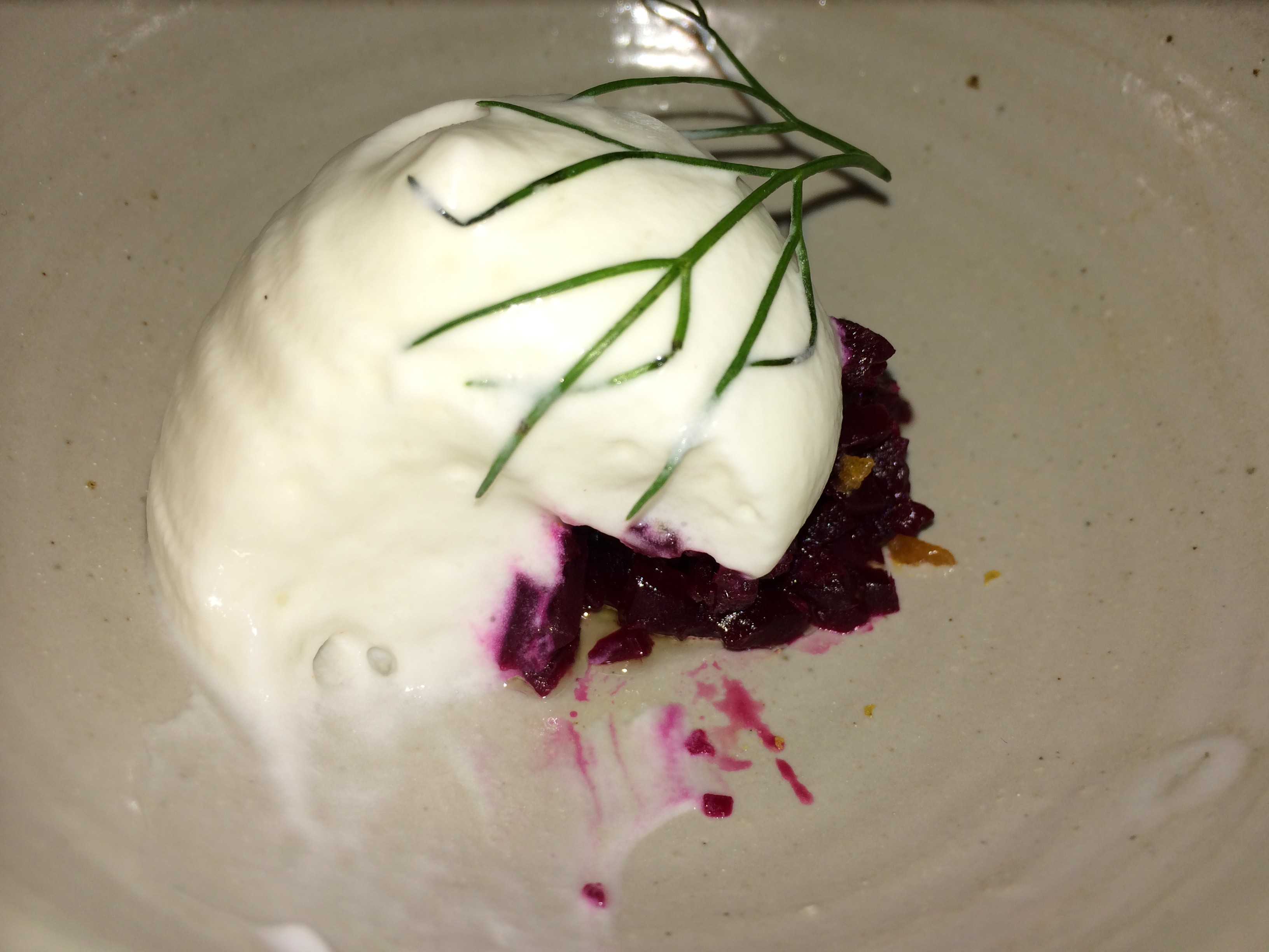 Roasted Red Beets, Goats Milk Froth and Freshly Grated Horseradish