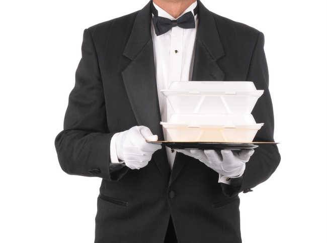 Butler with Take-out Food Containers on Tray